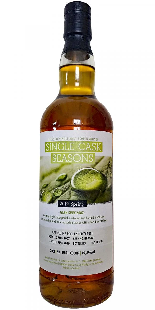 Glen Spey 2007 (cosecha firmante) Single Cask Seasons Lanzamiento de primavera de 12 años en 2019 (Barril n.° 802147) Whisky escocés de malta simple | 700ML - Whiskey