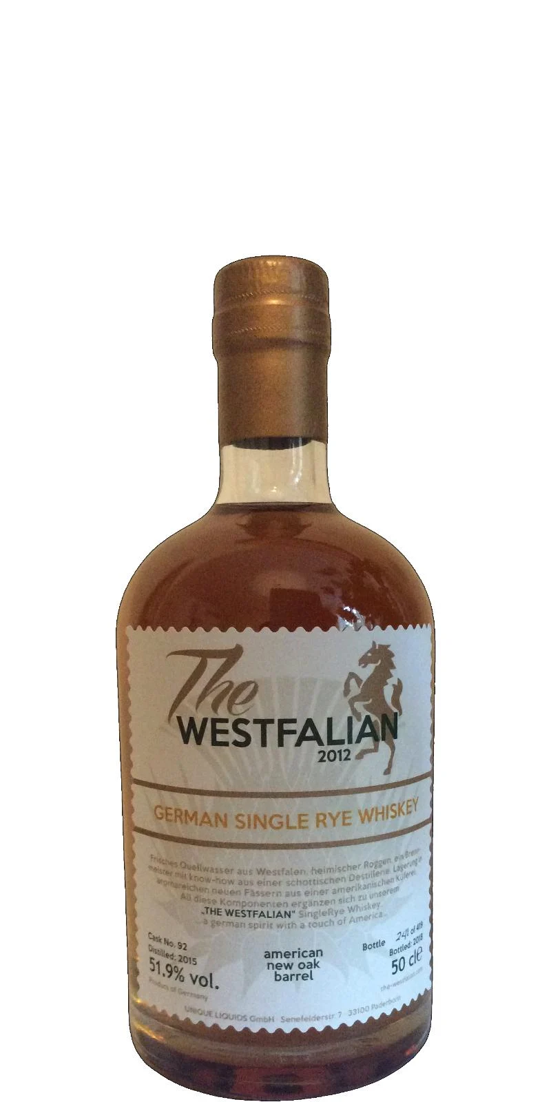 The Westfalian 2015 (Cask #TW92) Lanzamiento 2018 Whisky de centeno single alemán | 500ML