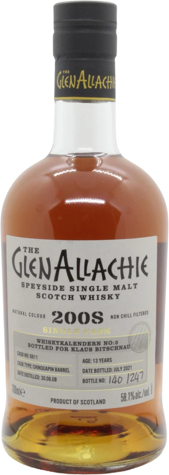 Glenallachie 2008 Whiskykalendern No:3 13 años Lanzamiento en 2021 (Barrica n.º 6911) Whisky escocés de malta única | 700ML