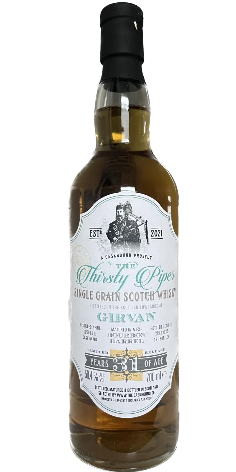 Girvan 1991 (The Caskhound) The Thirsty Piper (31 Year Old) Single Grain Scotch Whisky | 700ML - Whiskey