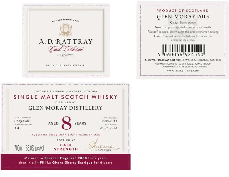 Glen Moray 2013 (A.D. Rattray) Cask Collection(8 Year Old) Single Malt Scotch Whisky | 700ML - Whiskey