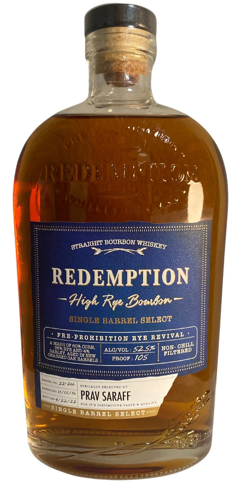 Redemption High Rye Bourbon Single Barrel Select Whiskey