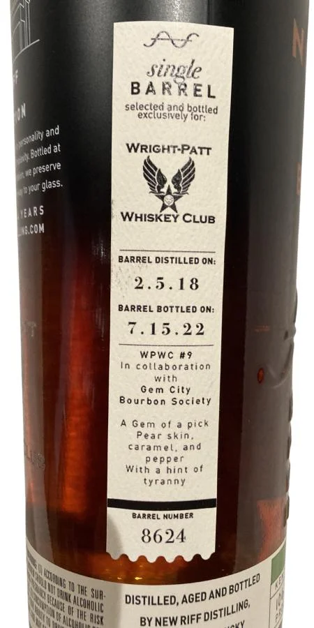 New Riff 2017 Single Barrel - Pick #9 (4 Year Old) Stingle Pot Still Whiskey