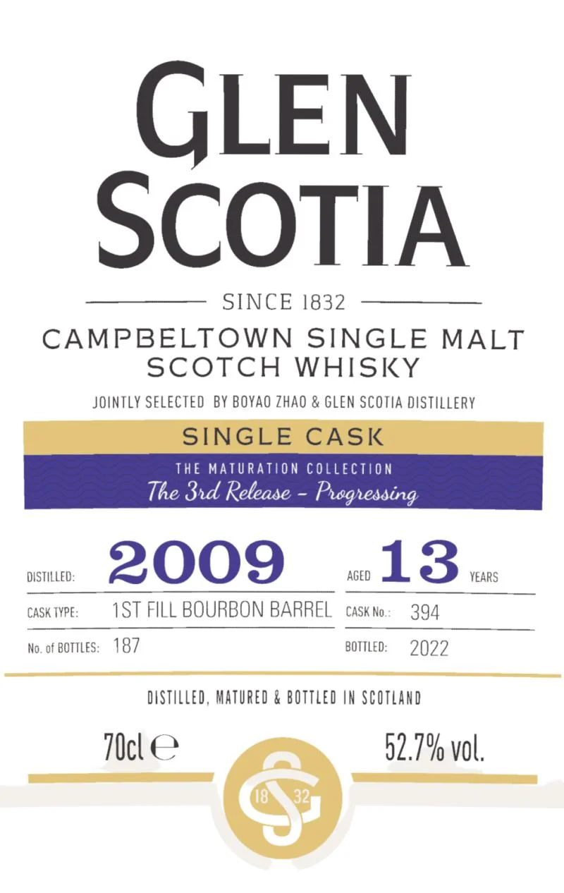 Glen Scotia 2009 The Maturation Collection - The 3rd Release - Progressing 13 Year Old 2022 Release Cask #394 Single Malt Scotch Whisky | 700ML