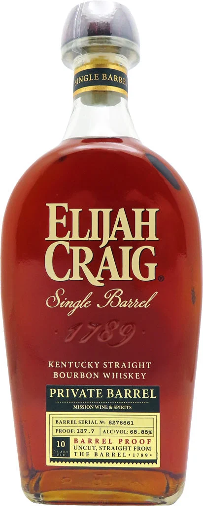 Elijah Craig Mission Exclusive Private Barrel 10 Year Old 137.7 Proof Kentucky Bourbon Whiskey - Whisky